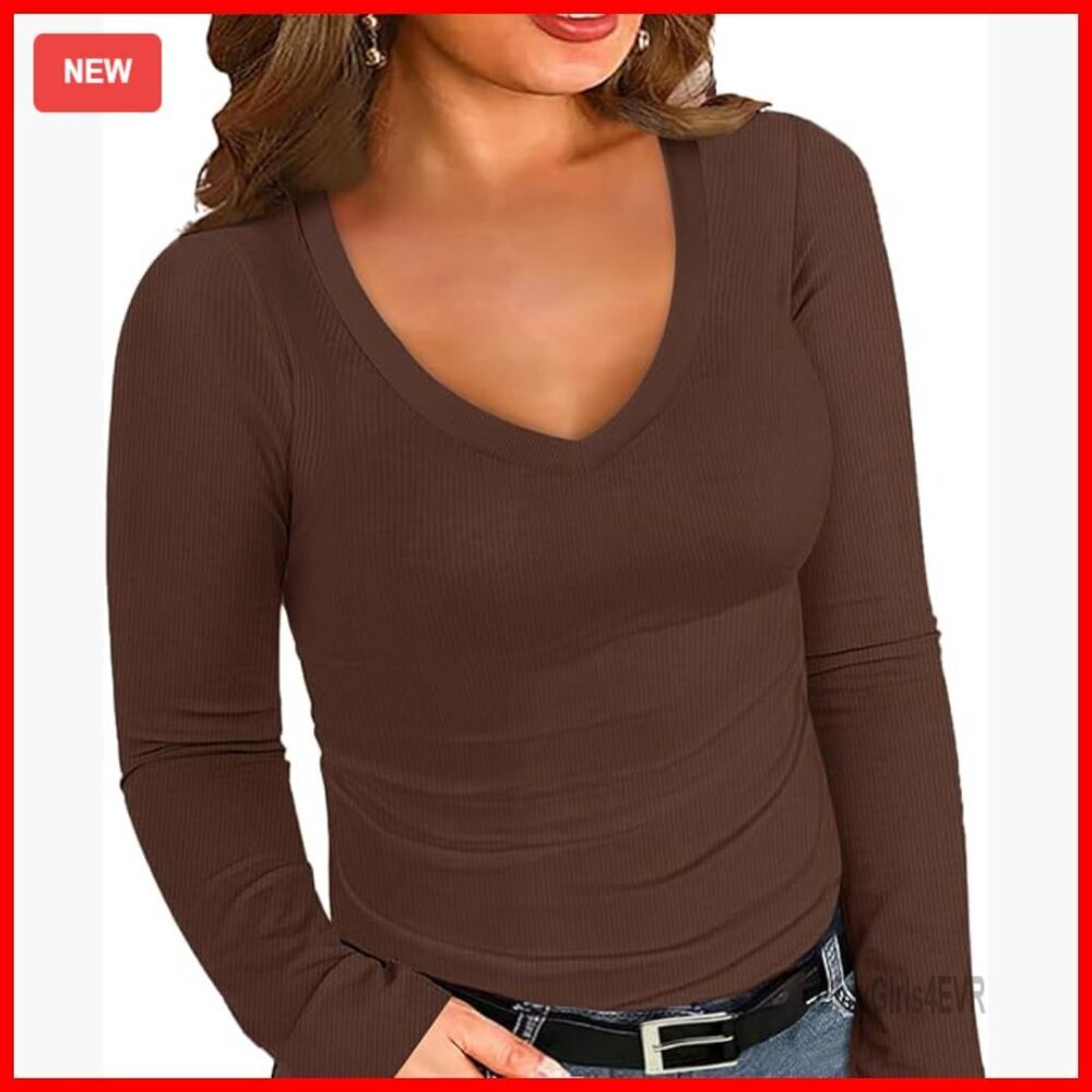 Plus Size Long Sleeve V Neck Ribbed Knit T Shirt Slim Fitted Tee